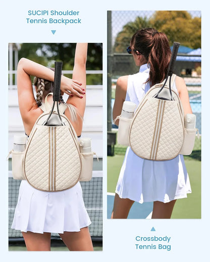 Stylish Quilted Tennis Bag for Women Large Capacity Racket Backpack Water-resistant Sport Crossbody Bag Training Travel